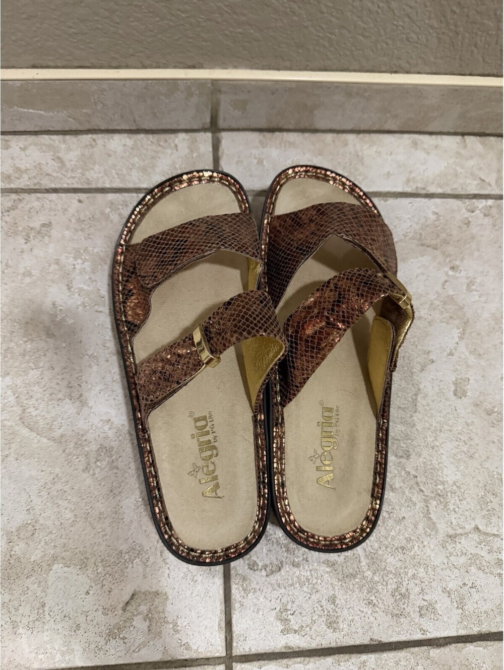 Alegria Gold Snakeskin Slip-On Sandals Size 38